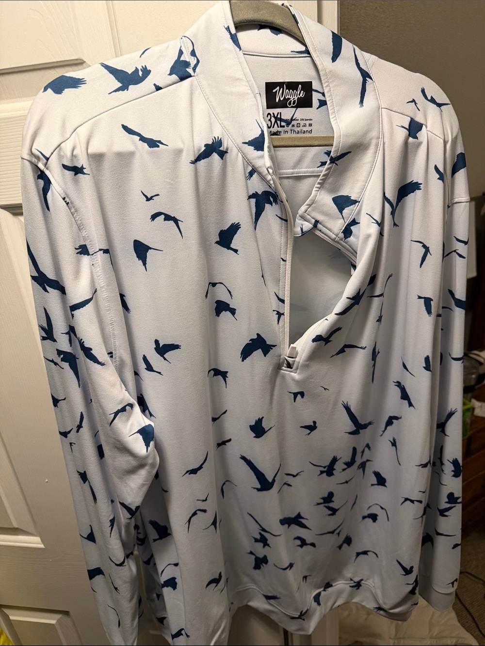 Men’s White 1/4 zip Golf Pullover with Navy Bird Print